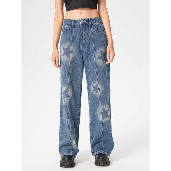 Cider Mid Rise Star Pattern Wide Leg Jeans Womens Small Denim Pants Streetwear - Picture 1 of 6